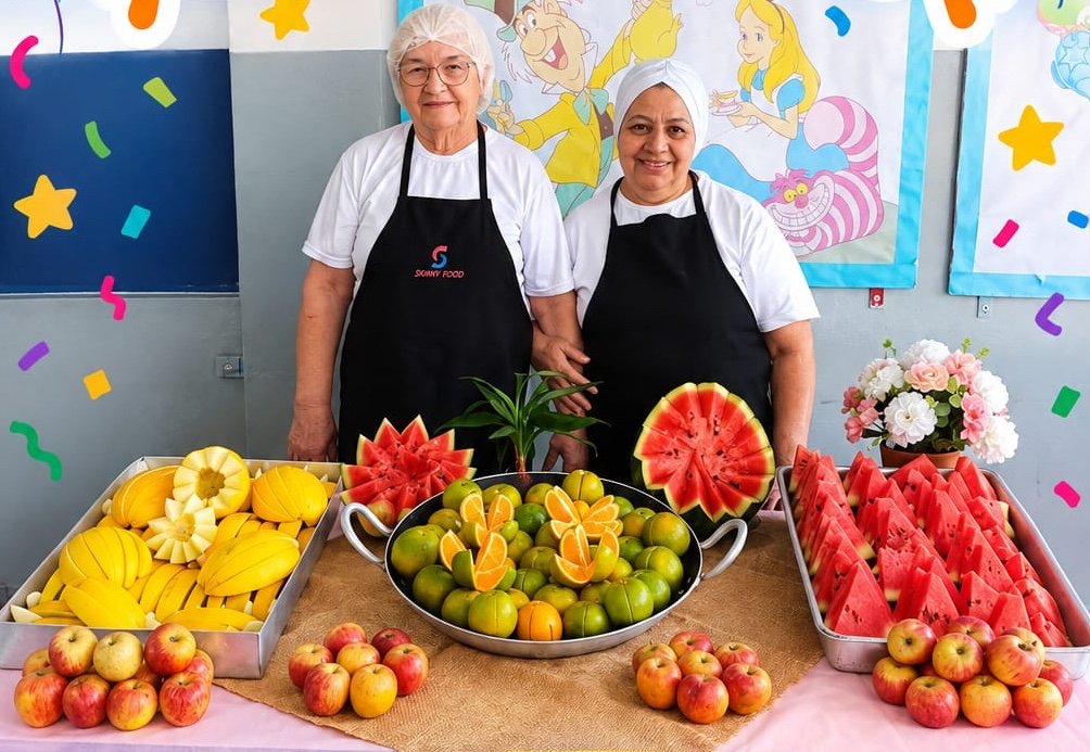 Equipe Sunny com a montagem de frutas